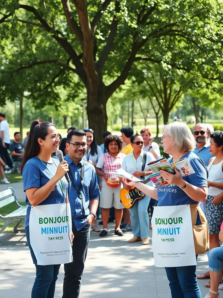 A community outreach program in action, with BONJOUR MINUIT representatives engaging with local residents, promoting cultural diversity and inclusivity through music.