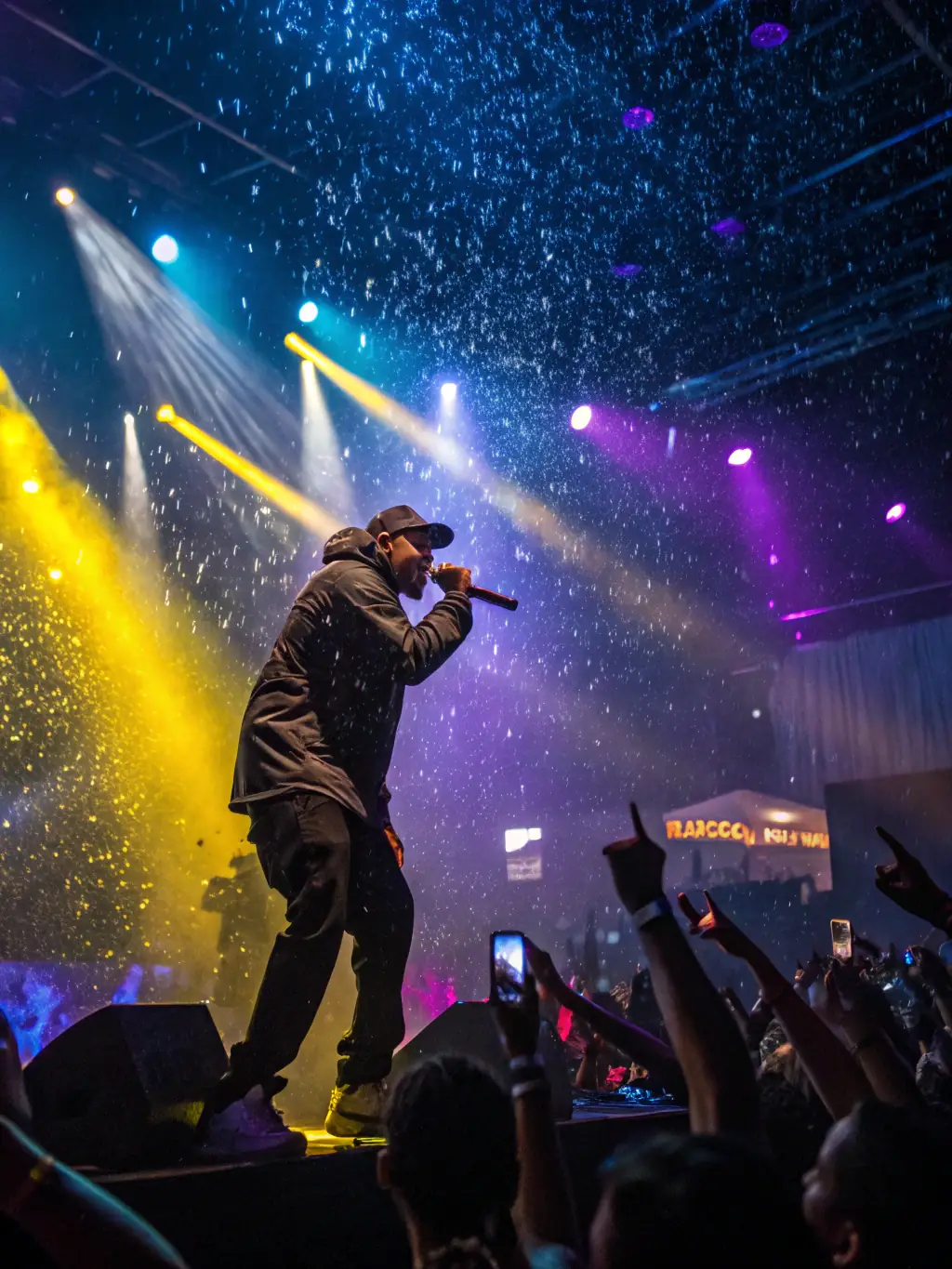A vibrant photograph capturing a live music performance at a BONJOUR MINUIT event, featuring a contemporary artist on stage with dynamic lighting and an engaged audience.