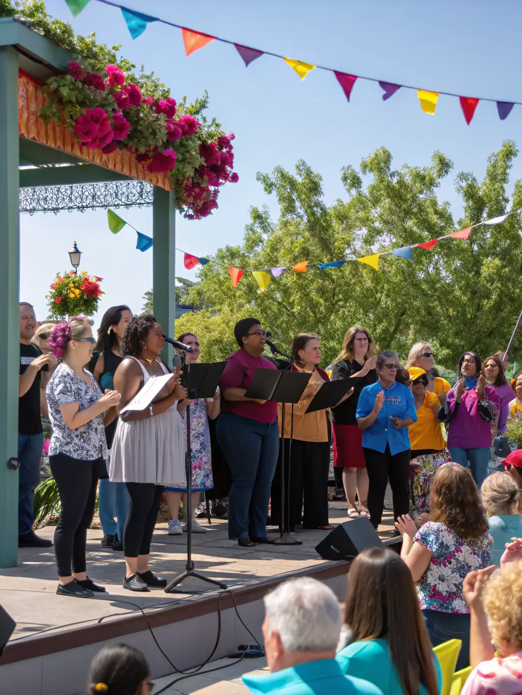 A photograph of a BONJOUR MINUIT event, showing people of different ages and backgrounds interacting and enjoying the music together.