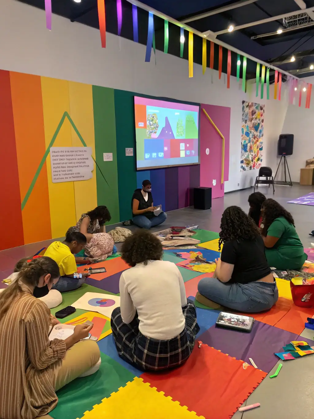 A vibrant image of a BONJOUR MINUIT-sponsored music workshop, with participants actively engaged in learning and creating music, set against a backdrop of modern musical instruments and equipment.