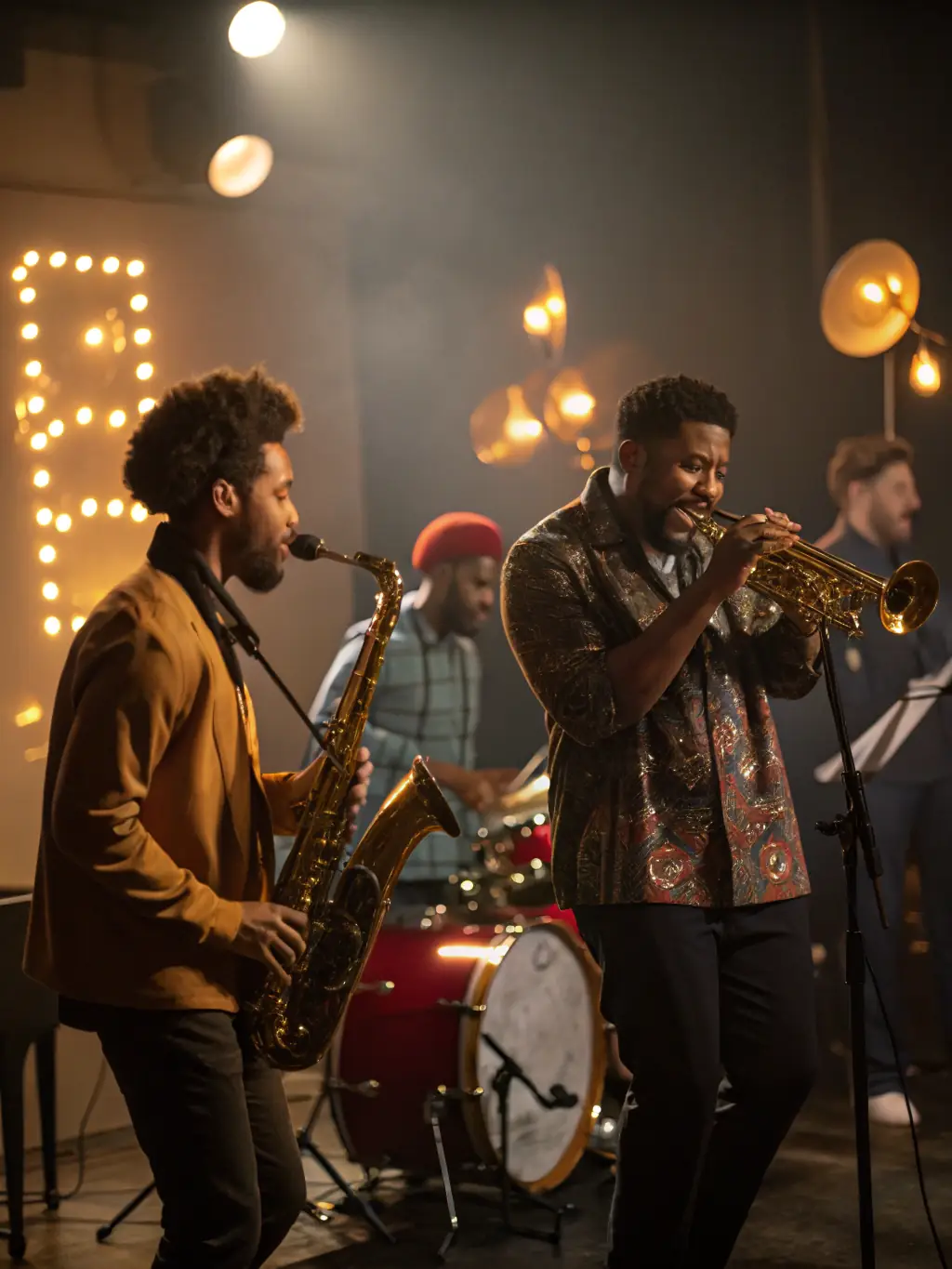 A high-quality image of a jazz ensemble performing in an intimate setting, showcasing the musicians' passion and the audience's enjoyment.
