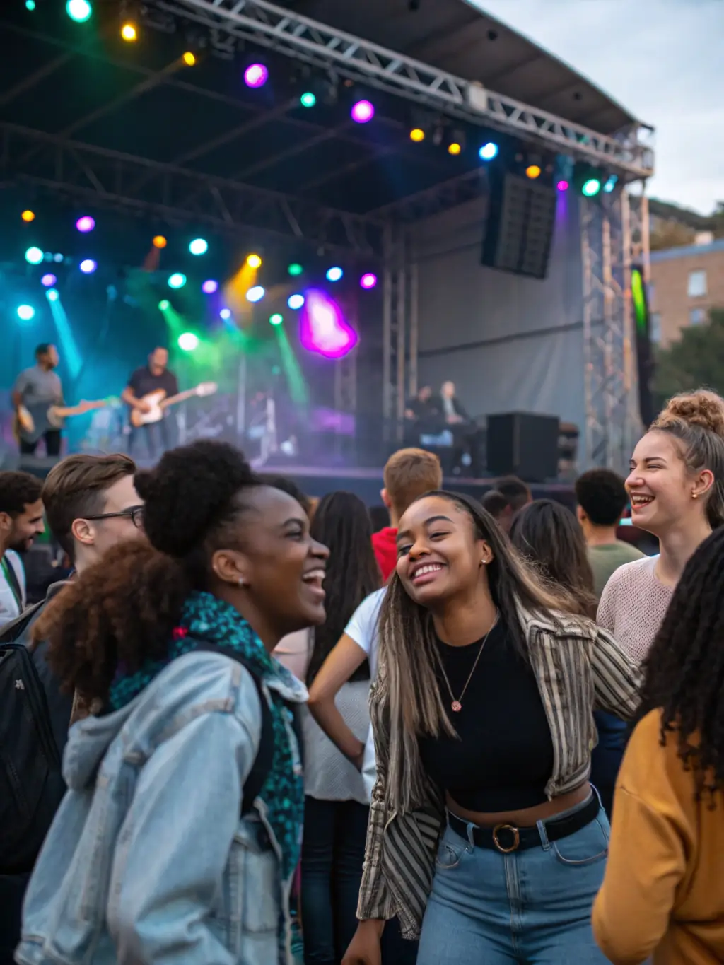 A diverse group of people enjoying a live music performance, with the BONJOUR MINUIT logo subtly incorporated into the background.