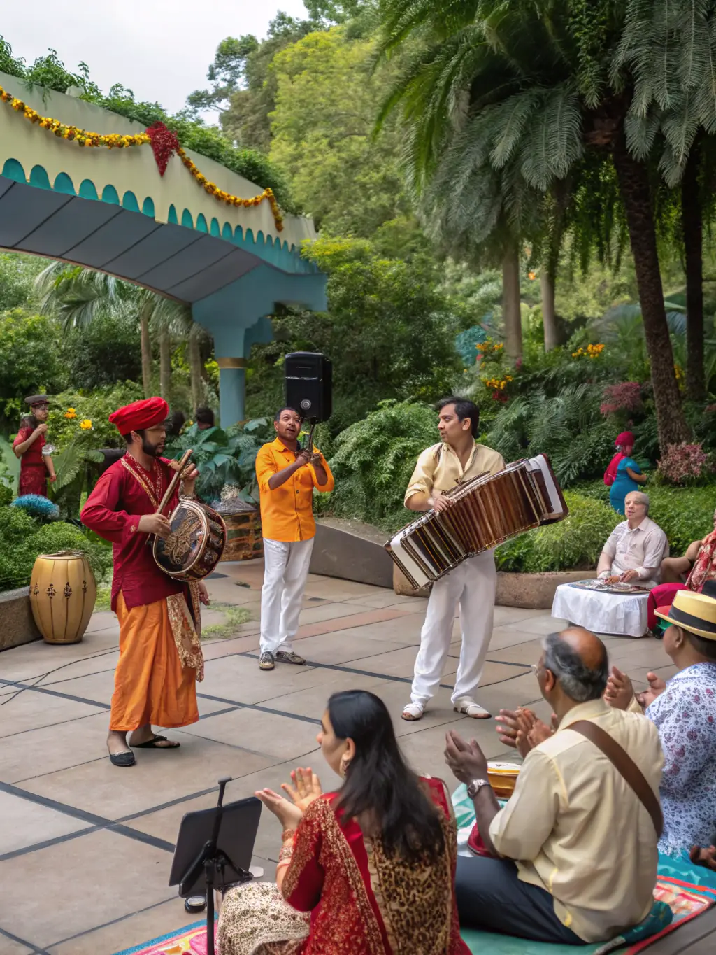 A captivating image of a world music ensemble performing traditional music with modern influences, showcasing cultural diversity and artistic fusion.