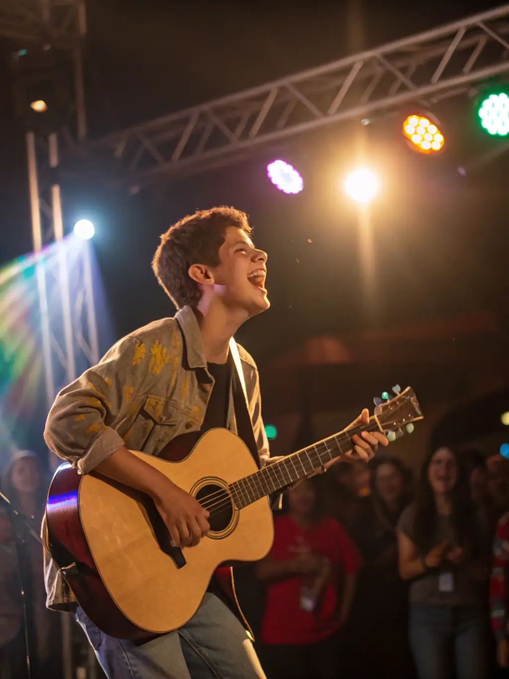 A vibrant scene from a live music performance organized by BONJOUR MINUIT, showcasing contemporary artists on stage and an engaged audience in an inclusive environment.