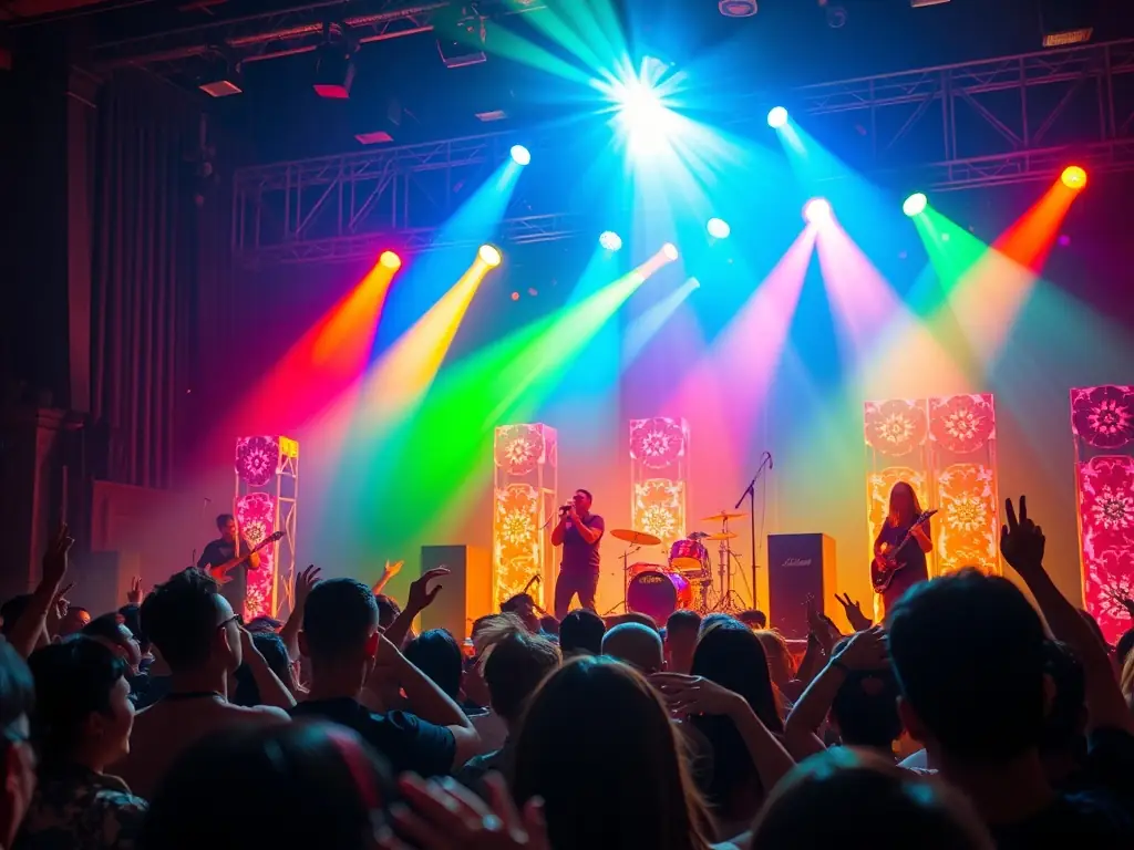 A vibrant image showcasing a live music performance organized by BONJOUR MINUIT, featuring diverse musicians and an engaged audience in an intimate setting.