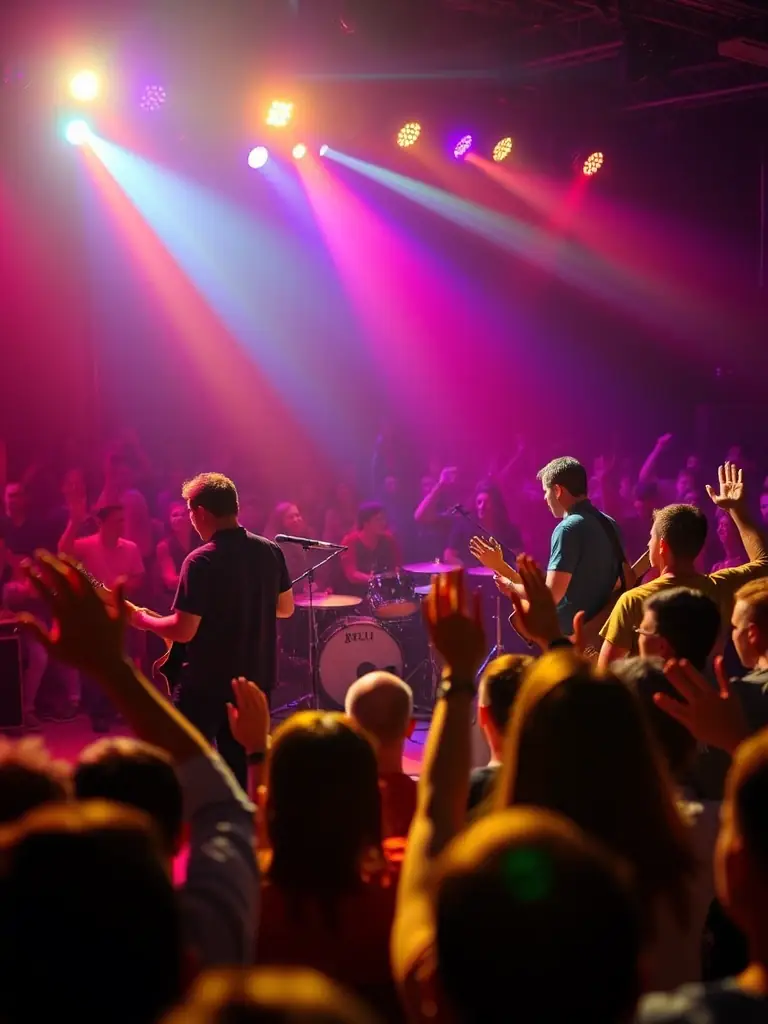A dynamic photograph capturing a live performance at a BONJOUR MINUIT event, showcasing a contemporary music ensemble on stage, bathed in colorful stage lighting, with an enthusiastic audience in the foreground.