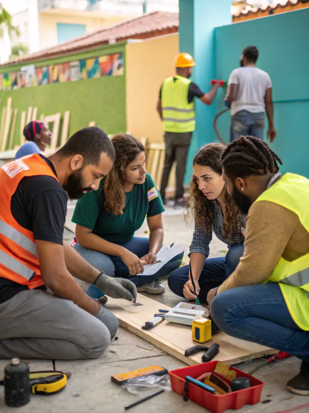 A collaborative scene depicting BONJOUR MINUIT staff and volunteers working together on a community music project, set in a local community center, with musical instruments and art supplies scattered around.