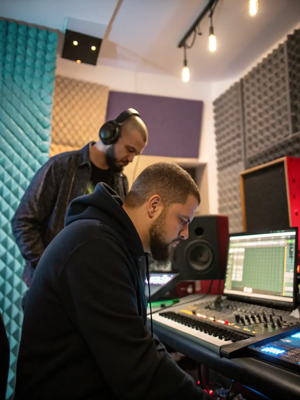 A behind-the-scenes look at a recording session supported by BONJOUR MINUIT, featuring artists working on a contemporary music project in a professional studio environment.